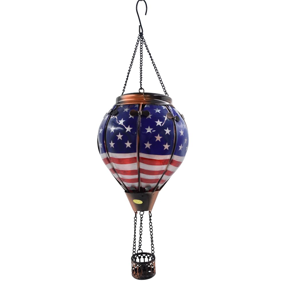 OUISJYER Hot Air Balloon Solar Lantern with Flickering Flame Hanging Solar Lanterns Outdoor Lights Waterproof Lanterns Decorative Garden Patio Yard Party Decor American Flag