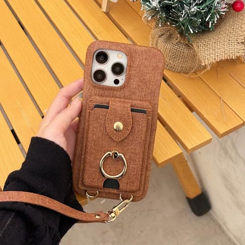 Étui portefeuille en cuir PU marron anti-perte avec lanière de sécurité pour iPhone 14 et 15