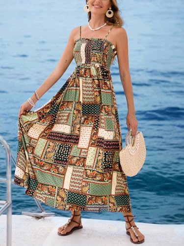 Image of CUPSHE Women Spaghetti Straps Boho Maxi Dress Summer Sleeveless Smocked Floral Beach Long Dress Flowy Cruise Vacation Outfits