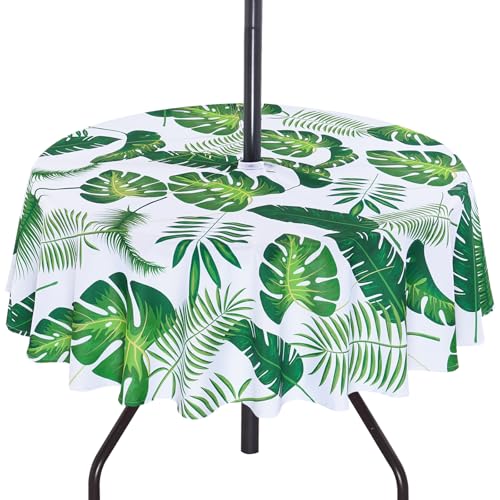 Image of Poise3EHome 60 inches Outdoor /Indoor Waterproof Tropical Round Tablecloth with Umbrella Hole for Camping, Picnic, Christmas Tree Skirt, BBQ, Palm Leaf