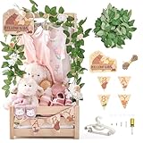 Picture of Wooden Baby Shower Crate Closet - Forest Animals Themed Personalized Crate with Hangers & Decorative Accents, Easy Assembly Natural Wood Gift Basket Ideal for Baby Shower & Nursery Storage