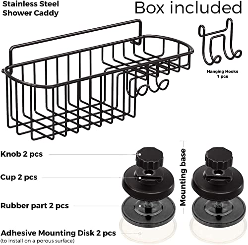 Hasko Accessories Shower Caddy Suction Cup - Wall Mounted Bathroom Shelf With Hooks - Suction Shower Basket - Shower Shelf For Bathroom Shower Organizer Suction Cup - Stainless Steel Ss304 (Black) #TOP2