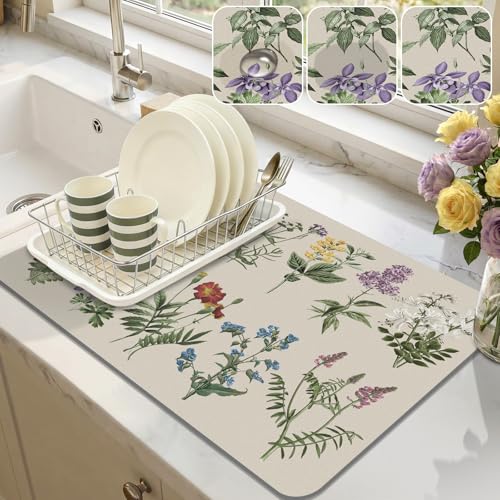 LOKHOM Dish Drying Mat for Kitchen Counter, 12'x20' Absorbent Coffee Bar Mat with Vintage Sage Flower Herbs, Dish Drainer Rack Mat for Kitchen Counter
