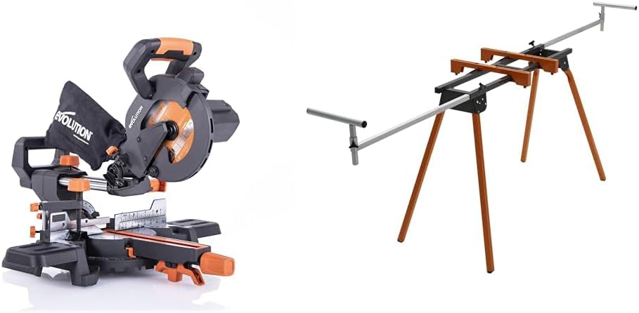 Evolution Power Tools R185SMS+ 7-1/4" Multi-Material Compound Sliding Miter Saw Plus & BORA Portamate PM-4000 - Heavy Duty Folding Miter Saw Stand with Quick Attach Tool Mounting Bars