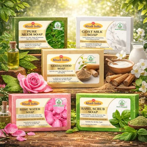 Image of Khadi Organic and Natural Handmade Bathing Soap for Men & Women | Assorted Herbal & Chemical-Free Face and Body Soap for Gentle Cleansing & Healthy Skin (Assorted Bathing Soap (Pack of 5))