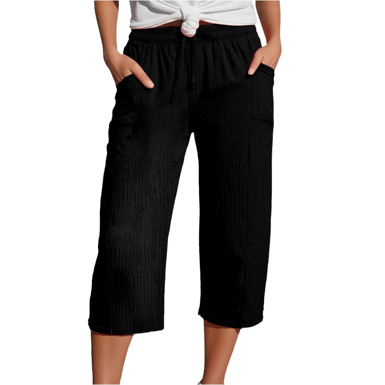 Pantalon Femme 3/4 Coton Lin Ete Pantacourts Fluide Décontracté à Cordon de Serrage Couleur Unie Pas Cher Pantalon de Jogging avec Poche Yoga et Pilates Taille Haute Vetement