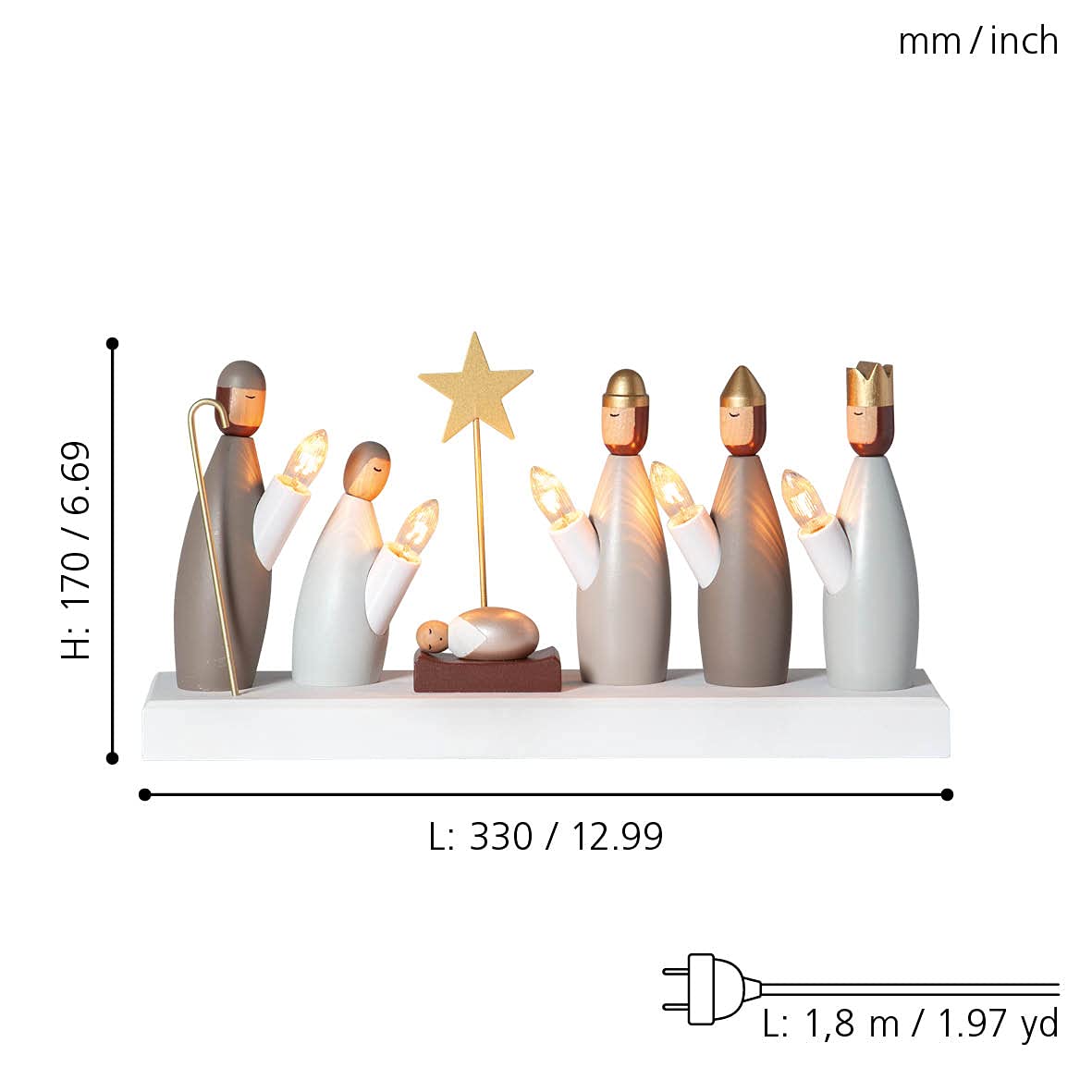 EGLO Lanterne de Noël avec 5 ampoules, chandelier de fenêtre avec | personnages de crèche en bois éclairés, arche de Noël avec câble, E10, blanc chaud