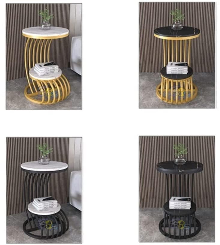 Image of End Table with Decorative Legs, in-Lay Top, Home Decor Accent Furniture -Tier Metal Coffee Table with Open Storage Shelf for Living Room (Black White)