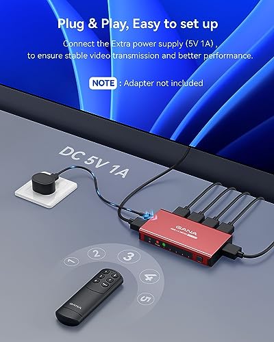 Image of HDMI Switch 5 in 1 Out 4K@60Hz, GANA HDMI Splitter Switcher with Remote, Aluminum HDMI 2.0 Switch Box Hub for 3D, HDCP2.2, HDR, Compatible with Xbox, PS5 /4 /3,Fire Stick,Roku,Blu-Ray Player, Red