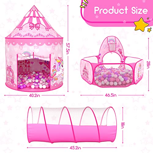 Image of 3pc Kids Play Tent for Girls with Ball Pit, Crawl Tunnel, Princess Tents for Toddlers, Baby Space World Playhouse Toys (3PC Princess Dream Tent)