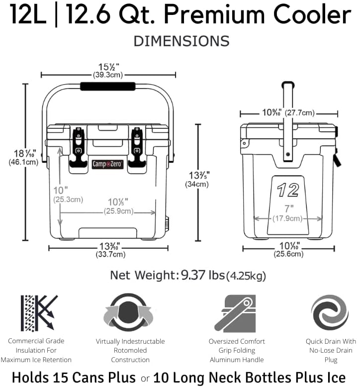 Miniatura 8 de CAMP-ZERO Hielera rígida portátil de 12L-12.6 cuartos, perfecta para bebidas, almuerzo, playa, pícnics, navegación, campamento y viajes con 2