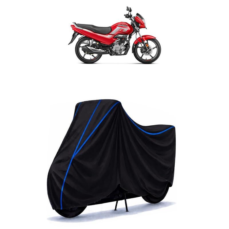 Image of Hero Super Splendor Xtec 125 Bike Cover Water Resistant Universal Motorcycle Rain | Heavy Duty UV Protection, Dust, Scratch Indoor Outdoor All Weather with Black Blue Piping Elastic
