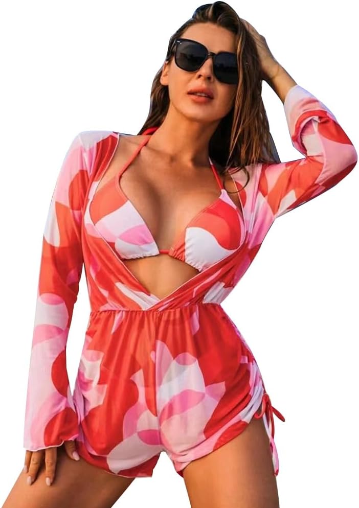 ODASDO Women's Sexy 3 Piece Swimsuits Halter Triangle Bikini Sets with Long Sleeve Mesh Cover Ups Romper Bathing Suits