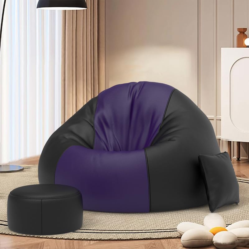 Image of Biggie Bean Bag Chair with Beans Filled 4XL Comfort Essence Bean Sofa-Designed for Relaxation-Crafted for Elegant Spaces with Free Cushion & Footrest (Matching Color : Leatherette Purple Black)