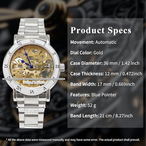 Image of Gute IK Women's Automatic Watch, Steampunk Self Winding Mechanical Silver Bracelet Women Wrist Watch