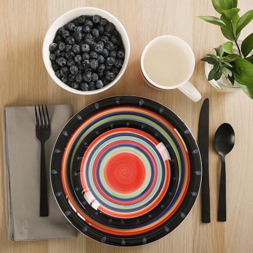 Image of Gibson Home Festival Rings 16-Piece Stoneware Dinnerware Set - Colorful Hand-Painted Plates, Bowls & Mugs, Service for 4, Dishwasher & Microwave Safe Vibrant Tableware