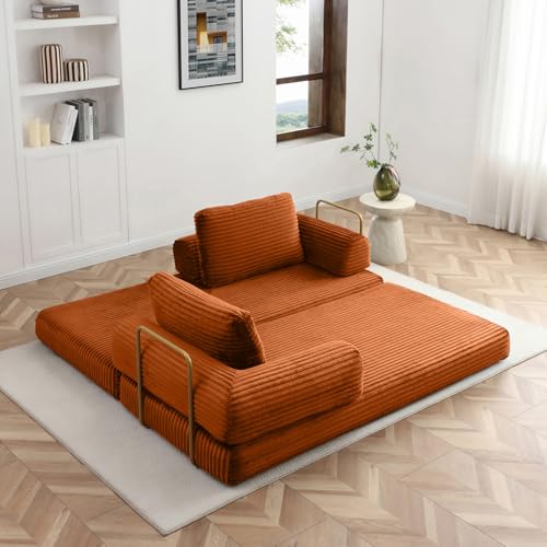 Image of HANXIN 80 Inch Convertible Sleeper Sofa Bed, High Back Plush Corduroy Folding Floor Mattress Couch with Fixed-Shape Frame, Boneless Futon Loveseat with Pull Out Bed, No Assembly Required (Orange)