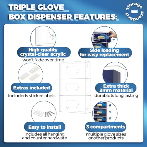 Image of Storage Standard Triple Glove Box Holder Wall Mount Glove Dispenser - Disposable Glove Holder Wall Mount Glove Station for Medical Gloves, Multipurpose Kitchen Gloves Holder - 16.25 x 10 x 4 Inches