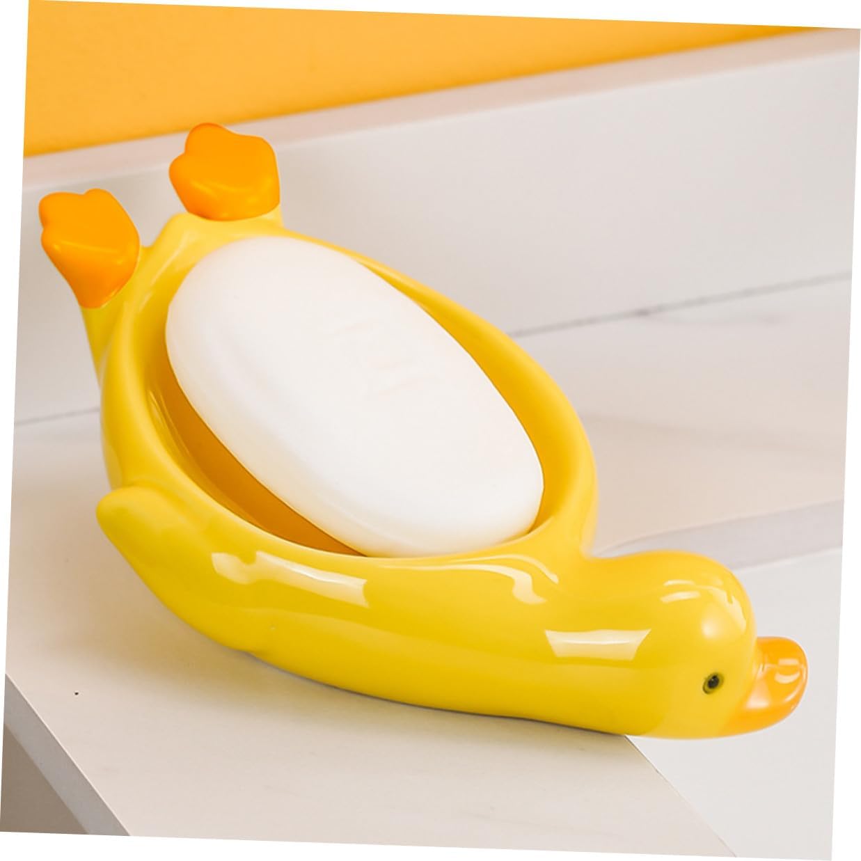 Ceramic Soap Dish with Draining Tray Cute Yellow Bird Pattern Decorative Soap Holder for Bathroom Countertop and Kitchen Sink