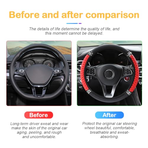 Image of Osilly Bling Car Steering Wheel Cover, 15 Inch Rhinestones Soft Leather Elastic Steering Wheel Protector, Sparkly Crystal Diamond for Women Girls, Car Interior Accessories for Most Cars (Red)