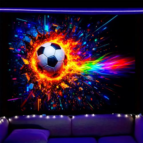 Image of Nuxovilar Cyber Soccer Wall Tapestry Polyester 78.74x59.05 In | Glow Poster Trippy Wall Art Sports Decor UV Backdrop Bedroom Game Room Dorm Space Room (Soccer Rainbow Trail)