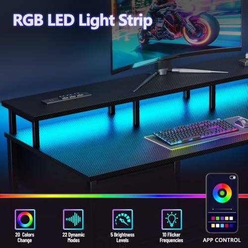 Image of Korfile 47 Inch Computer Gaming Desk with Power Outlets & LED Lights Reversible Home Office Desk with Adjustable 5 Fabric Storage Drawers for Working Writing Study, Carbon Fiber Black