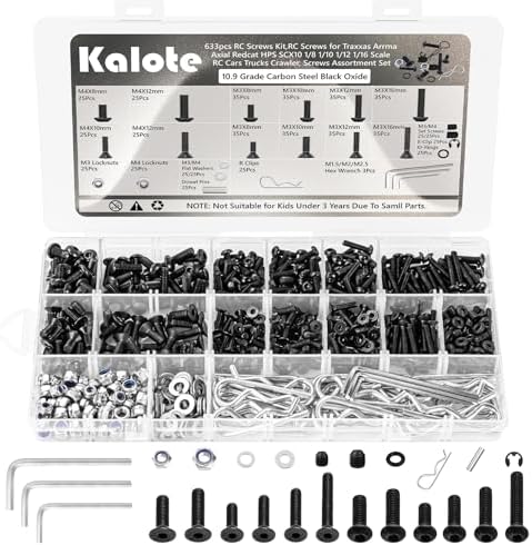 633Pcs Universal RC Screw Kit Screws Assortment Set, Hardware Fasteners for Traxxas Redcat Arrma Rustler Telluride Axial RC4WD HSP HPI SCX10 Losi 1/8 1/10 1/12 1/16 Scale RC Crawler Cars Trucks