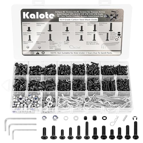 LuKaiSen 633PCS RC Kit de vis, 10.9 Bolts hexagonaux en acier au carbone pour Traxxas Axial M3/M4, Pour Redcat Arrma RC4WD HSP HPI SCX10 Losi 1/8 1/10 1/12 1/16 1/20 Échelle RC Camions de voitures de ramassage