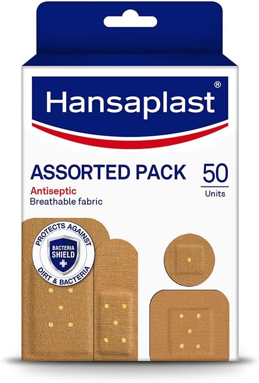 Hansaplast Antiseptic Plasters | Various Shapes & Sizes Bandage | Pack of 50 Units | First Aid kit | Breathable fabric | Home Essential Kit | Antiseptic Wound Pad