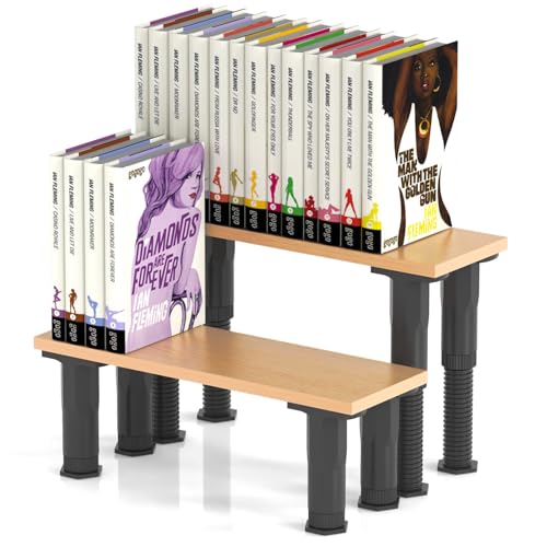 AVMDOM Manga Shelf Risers, 2 Pack Bookshelf Risers for Double Row Book Display, Height Adjustable, Light Wood Finish, Space Saving Organizer for Manga, Figures & Collectibles