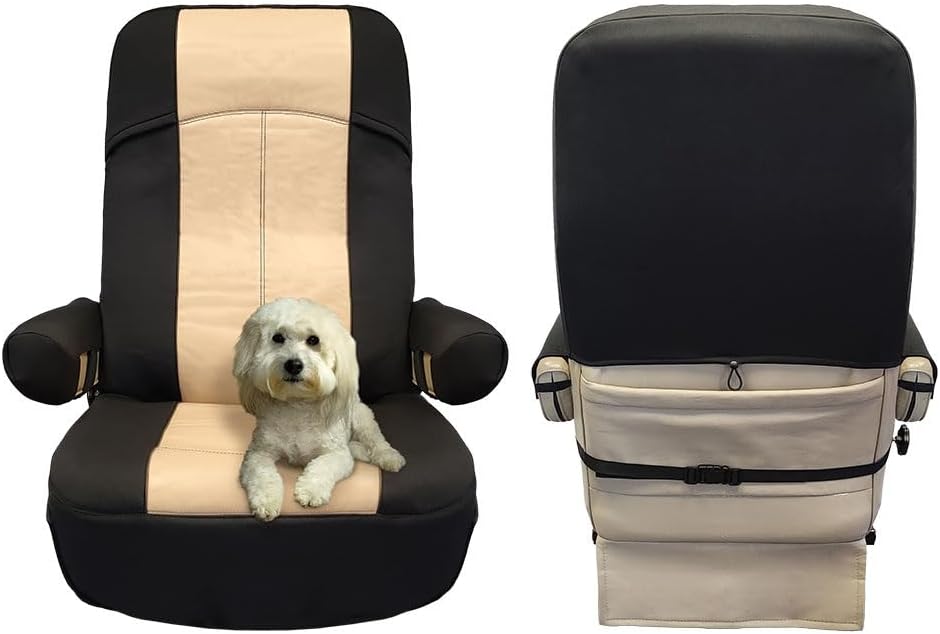 RV Designer GripFit+ Motorhome Seat Covers 1-Pack C893 - Premium 100% PVC Leatherette –Class-A RV - Pet-Friendly, Easy-to-Clean, Durable, Fire Retardant - Side Pockets – Black and Tan