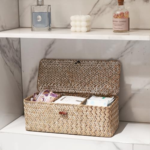 Seegras Aufbewahrung Korb mit Deckel Natürliches Gewebt Geflochtener Rechteckig Regalkörbe mit Abschnitten zum Organisieren von Snackspielzeug Tünchen - 7