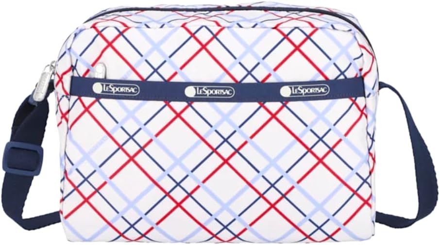 LeSportsac Modern Tattersall Daniella Crossbody Bag, Style 2434/Color E839, Classic Navy & Bold Red Unite on Crisp White Bag, Modern Lilac Accent, Fun Interpretative Tartan Plaid