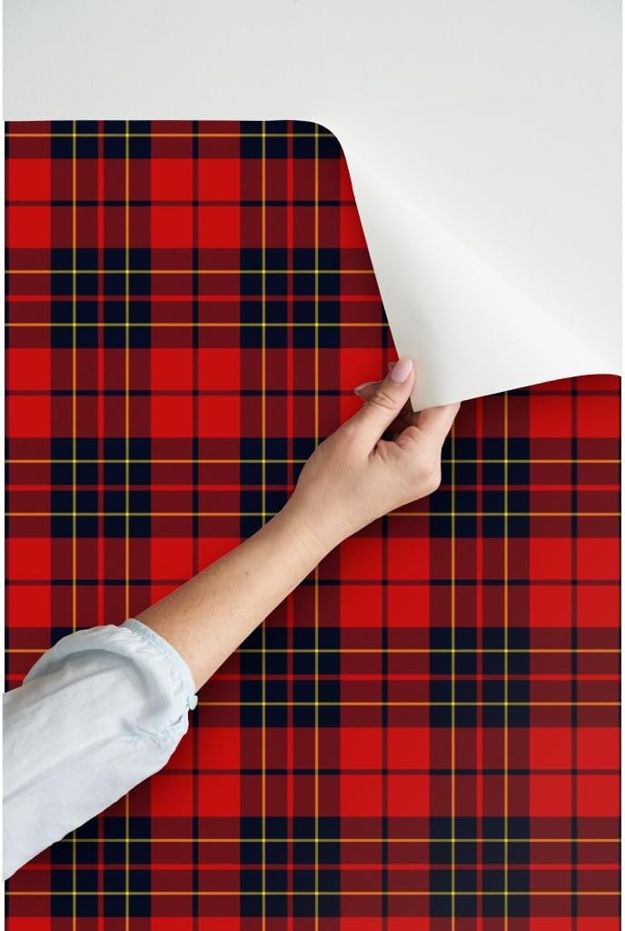 Peel & Stick Wallpaper 3ft x 2ft - Tartan Red Scottish Plaid Classic Black Yellow Rustic Home Decor Check Striped Custom Removable Wallpaper by Spoonflower