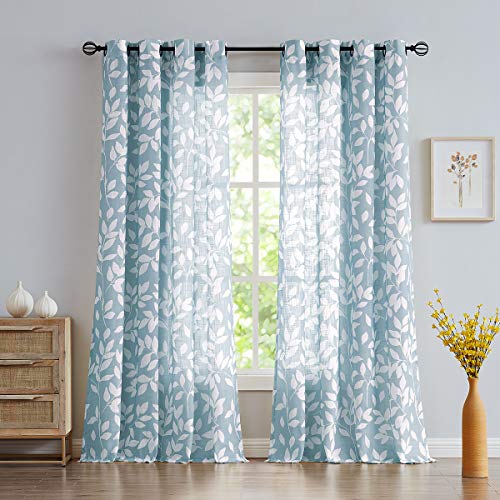 Treatmentex Blue White Curtains For Living Room 63" Length Leaves Print Semi-Sheers Curtains For Windows, Grommet Top, 2 Pack #TOP7