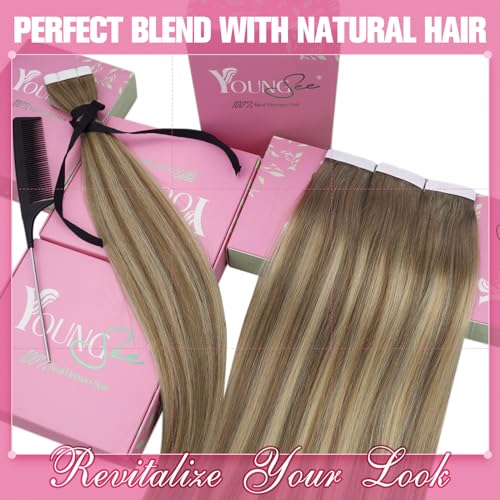 Image of YoungSee Human Hair Tape in Extensions 24 Inch, Hair Extensions Tape in Brown Balayage, Tape Extension Human Hair, Light Brown Ombre Platinum Blonde, Long Hair, for Wedding, 50g 20pcs