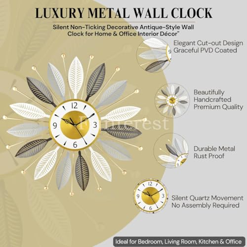 Image of FUNTEREST Luxury Metal Wall Clock for Living Room | Decorative Sunburst Leaf Design Wall Clock | Silent Quartz Movement | Modern Home & Office Decor (55X55 Cm) (Gold, Grey & Brown)