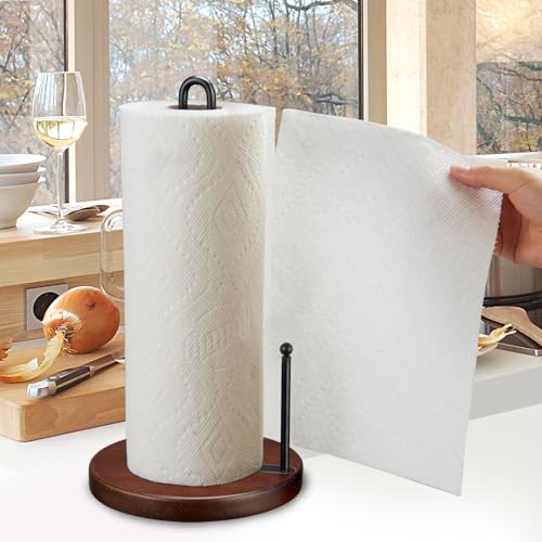 ZANZER Kitchen Paper Towel Holder Countertop, Farmhouse Paper Towel Holder with Heavy Duty Wood Base, Wood Towel Tissue Holder Rustic Style Stand for Kitchen Decor, Home, Brown