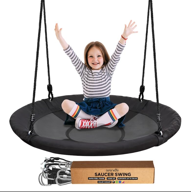 Image of SereneLife Saucer Swing, Tree Swing, 40 Inch, 900lb Heavy Duty Capacity for Kids, 900D Oxford Waterproof Seat, Adjustable Height Ropes, 2 Strap Tree Hang Kit, Center Swivel Spinner, Black