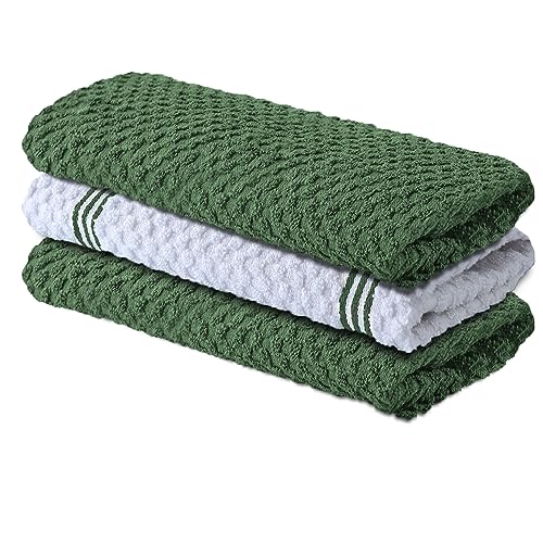 Infinitee Xclusives Premium Kitchen Towels – Pack of 3, 100% Cotton 15 x 25 Inches Absorbent Dish Towels - Terry Kitchen Dishcloth Towels - Green Dish Cloth for Household Cleaning