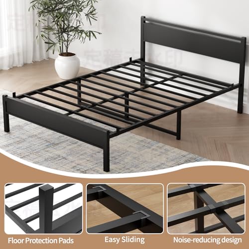 Image of 18 Inch Queen Bed Frame, Heavy Duty Platform Metal Queen Size Bed Frame with Headboard and Modern Wooden Footboard, Large Under Bed Storage, Quite Design, No Box Spring Needed, Black