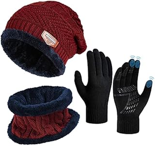 OOPOR Winter Hat Scarf Gloves Set - Thermal Warm Knitted Beanie Cap Circle Neck Warmer Touchscreen Glove Outdoor Sports Super Soft Fleece Inner Lining Stretchy Elastic Gift for Men Women