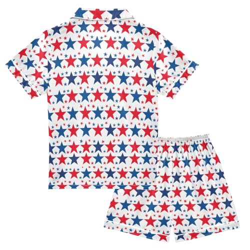 Red Blue Cartoon Star Pattern Summer Satin Pajama Set, Cute Button-Down Sleepwear Pj Set for Sleep Wears2