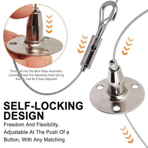 Image of 2sets Adjustable Hanging Wire Kit-2pcs 1.5meter /59.1in Stainless Steel Wire Rope+2pcs Spring Hook Hanging Disc-2sets Portable Hook & Eye Turnbuckle Tension for Furniture, Lamp,Picture(Silver)