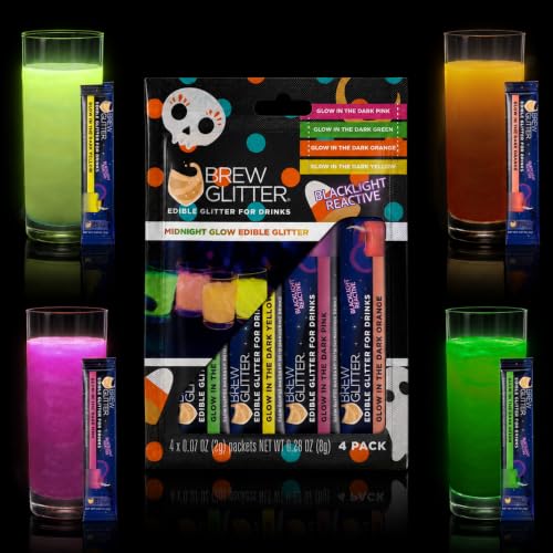 Blacklight Reactive Edible Glitter for Drinks, Variety Pack, Glowing Green, Yellow, Orange & Pink, 4 Pack