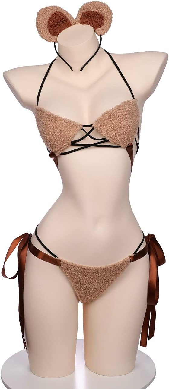 JasmyGirls Kawaii Lingerie Sexy Bear Cosplay Costume Anime Micro Bikini Cute Furry Bra and Panty Set Japanese Lolita Outfit