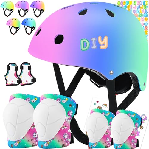 Comforhous Color Gradient Kids Bike Helmet and Pads Adjustable Helmet for Kids Protective Gear Set with Elbow Knee Pads Wrist Guards for Cycling Bicycle
