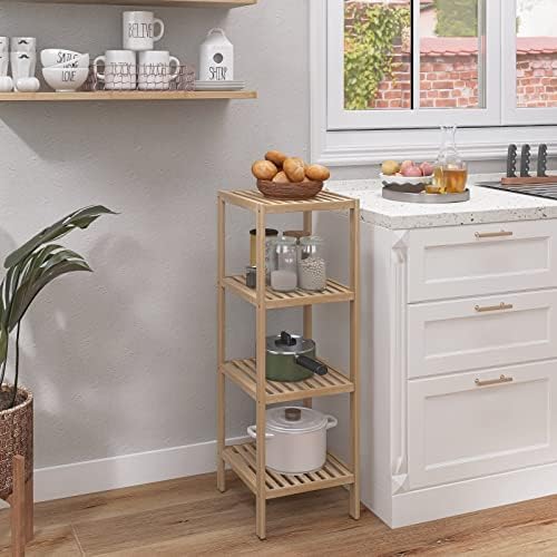 SMIBUY Bathroom Storage Shelf, 4-Tier Bamboo Rack Organizer, Multifunctional Shelving Unit for Living Room Bedroom Kitchen (Natural)