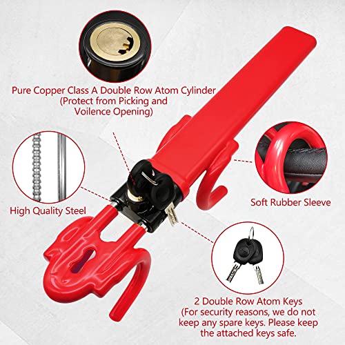 LOCKIETTA Vehicle Steering Wheel Lock Anti-Theft Car Security Device, Adjustable Length Clamp Double Hook Locks Universal Fit for Cars, Trucks, Vans, and SUVs, Heavy Duty Secure Device (Red)