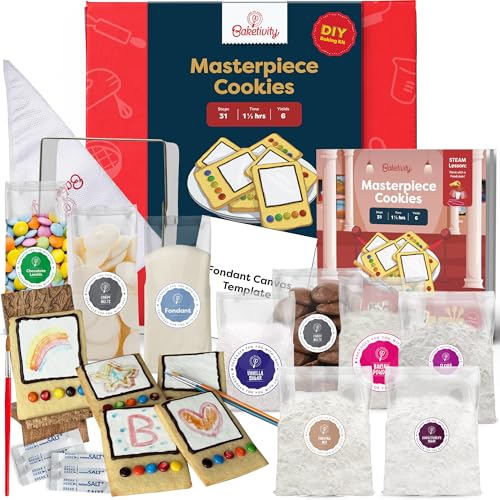 Baketivity Masterpiece Cookies Kids Baking Kit - Cooking Kit for Kids with Premeasured Ingredients, Step by Step Instructions, Paint Brushes, Art Lessons - Baking Set for Girls, Boys Ages 6-12